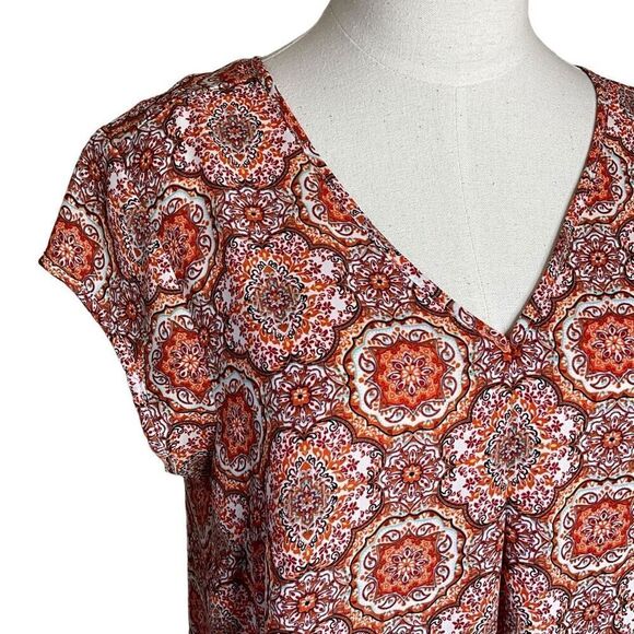 DR2 Daniel Rainn Womens Medium Pullover V Neck Top Orange Geometric Print - Picture 3 of 15